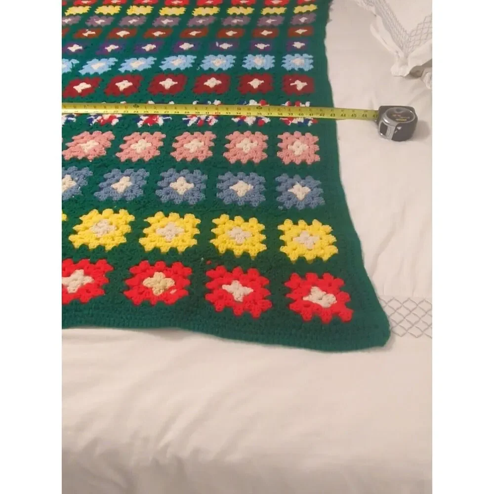 VTG 70s Afghan Hand‎ Crocheted Granny Square Multi-Color Throw Blanket Roseanne